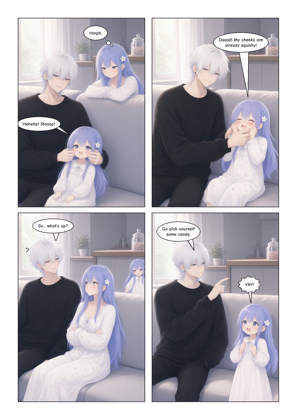 Page 1. A father squeezes his little daughter's cheeks while she laughs. His wife watches with a pout. He sends the daughter off to pick some candy and asks his wife what's up.