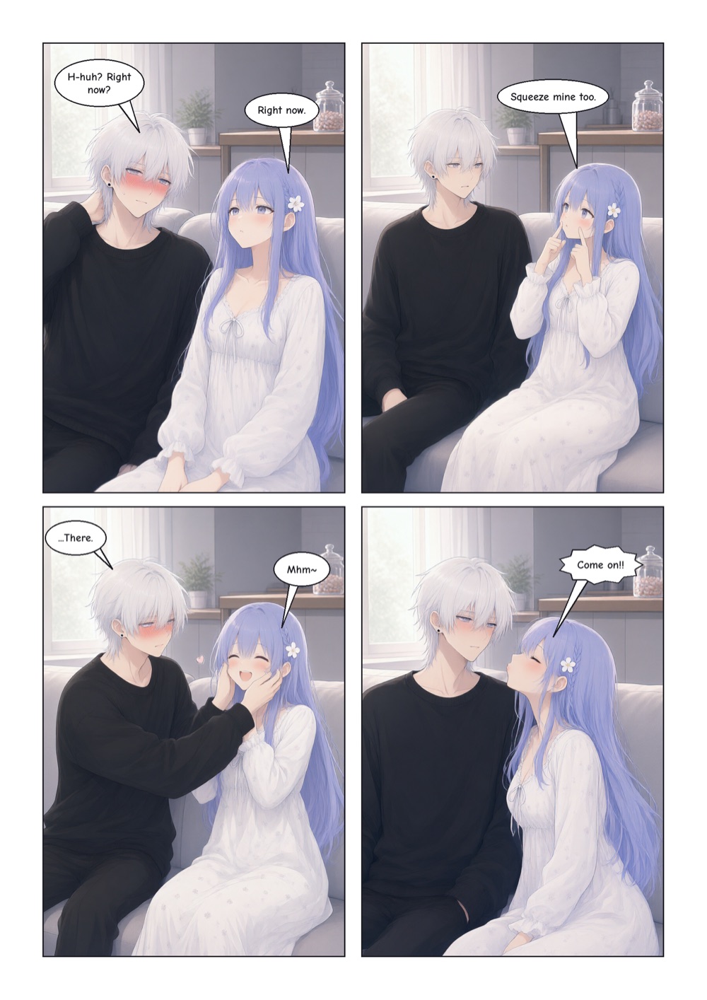 Page 2. The wife asks him to squeeze her cheeks too. He blushes, she insists, and he squeezes them, embarrassed, while she smiles.