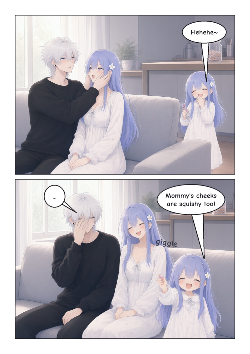 Page 3. The daughter comes back with candy, sees them and giggles: "Mommy's cheeks are squishy too!" while the father hides his face.